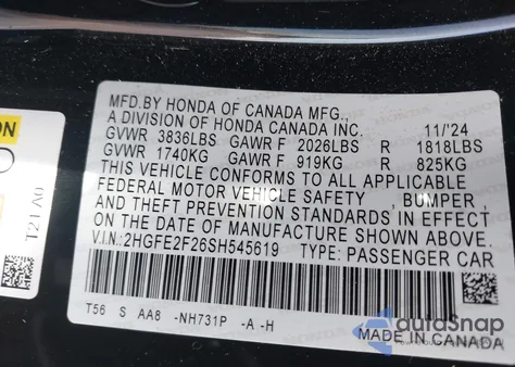 2025 Honda Civic Lx from USA, damaged, VIN 2HGFE2F26SH545619
